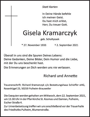 Anzeige von Gisela Kramarczyk von  Wochenende 