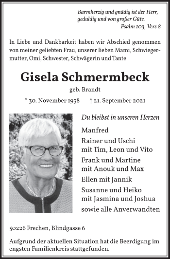 Anzeige von Gisela Schmermbeck von  Wochenende 