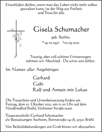 Anzeige von Gisela Schumacher von  Schlossbote/Werbekurier 
