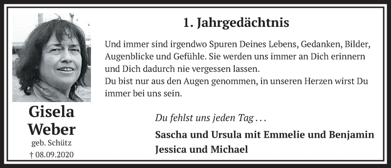  Traueranzeige für Gisela Weber vom 03.09.2021 aus  Werbepost 