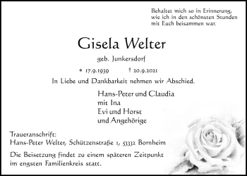 Anzeige von Gisela Welter von  Schlossbote/Werbekurier 