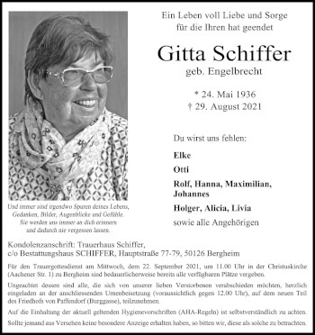 Anzeige von Gitta Schiffer von Kölner Stadt-Anzeiger / Kölnische Rundschau / Express