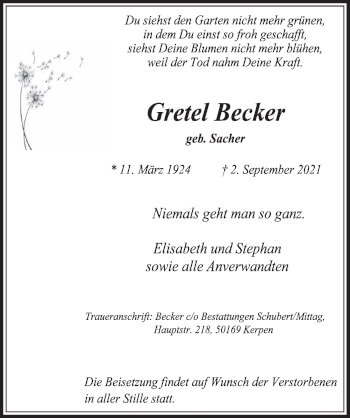 Anzeige von Gretel Becker von  Wochenende 