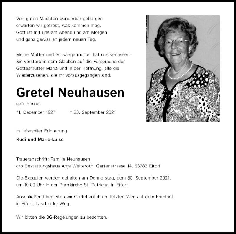  Traueranzeige für Gretel Neuhausen vom 25.09.2021 aus Kölner Stadt-Anzeiger / Kölnische Rundschau / Express