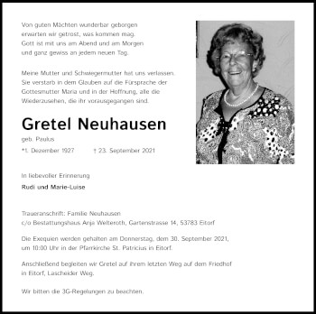 Anzeige von Gretel Neuhausen von Kölner Stadt-Anzeiger / Kölnische Rundschau / Express