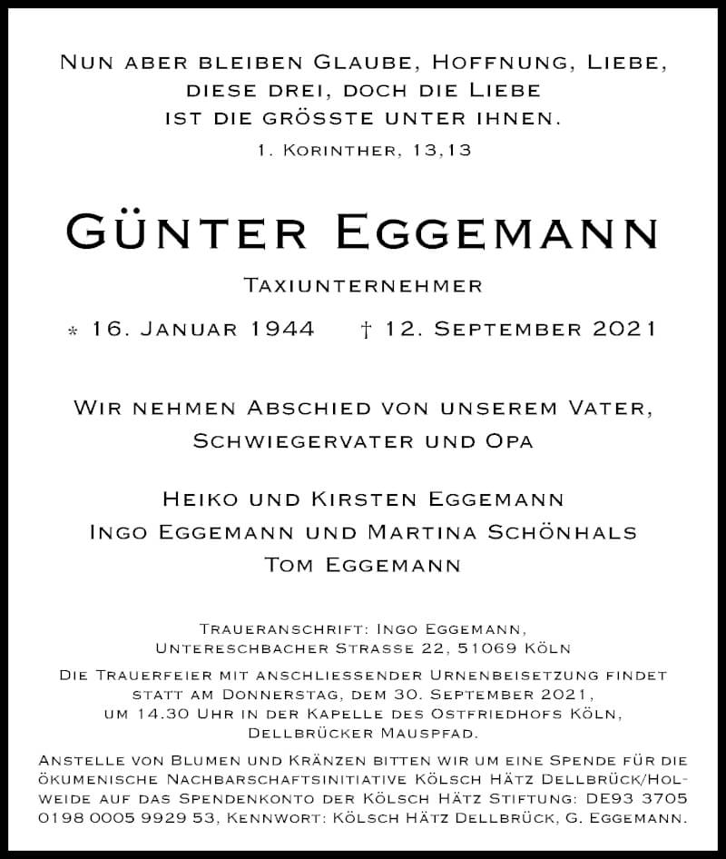  Traueranzeige für Günter Eggemann vom 25.09.2021 aus Kölner Stadt-Anzeiger / Kölnische Rundschau / Express
