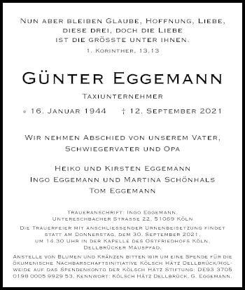 Anzeige von Günter Eggemann von Kölner Stadt-Anzeiger / Kölnische Rundschau / Express
