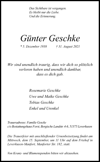 Anzeige von Günter Geschke von Kölner Stadt-Anzeiger / Kölnische Rundschau / Express