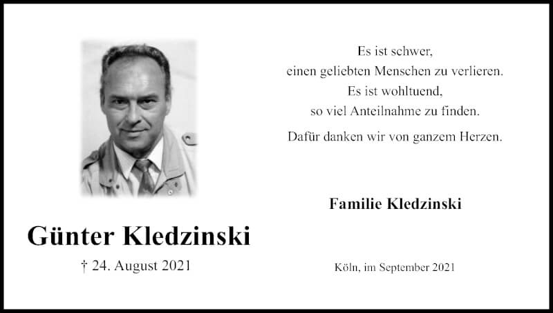  Traueranzeige für Günter Kledzinski vom 25.09.2021 aus Kölner Stadt-Anzeiger / Kölnische Rundschau / Express