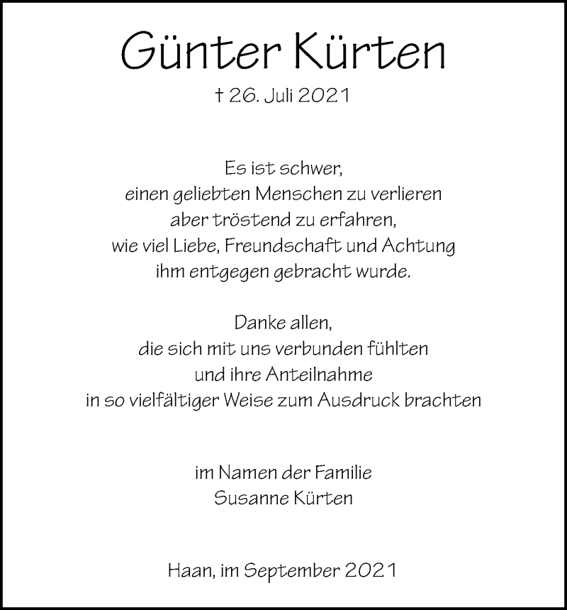  Traueranzeige für Günter Kürten vom 11.09.2021 aus Kölner Stadt-Anzeiger / Kölnische Rundschau / Express