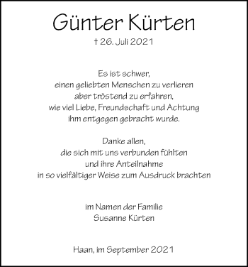 Anzeige von Günter Kürten von Kölner Stadt-Anzeiger / Kölnische Rundschau / Express