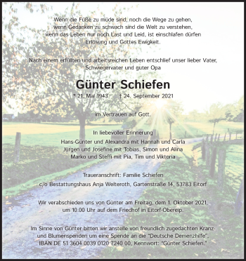 Anzeige von Günter Schiefen von Kölner Stadt-Anzeiger / Kölnische Rundschau / Express