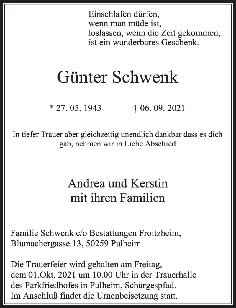  Traueranzeige für Günter Schwenk vom 17.09.2021 aus  Wochenende 