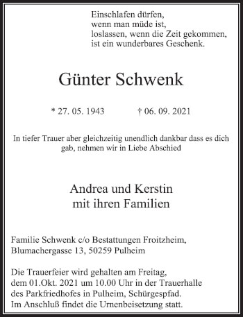 Anzeige von Günter Schwenk von  Wochenende 