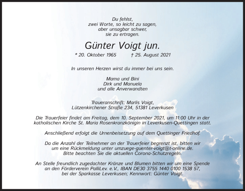  Traueranzeige für Günter Voigt vom 04.09.2021 aus Kölner Stadt-Anzeiger / Kölnische Rundschau / Express