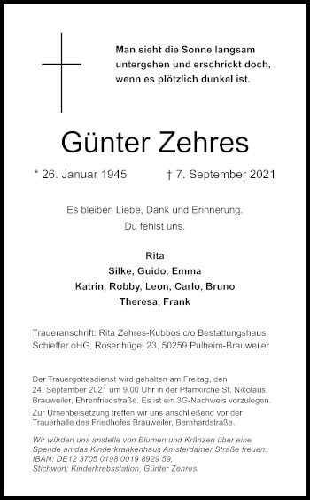 Anzeige von Günter Zehres von Kölner Stadt-Anzeiger / Kölnische Rundschau / Express