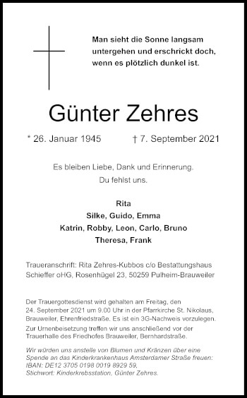 Anzeige von Günter Zehres von Kölner Stadt-Anzeiger / Kölnische Rundschau / Express