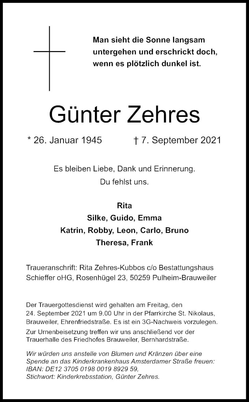  Traueranzeige für Günter Zehres vom 18.09.2021 aus Kölner Stadt-Anzeiger / Kölnische Rundschau / Express