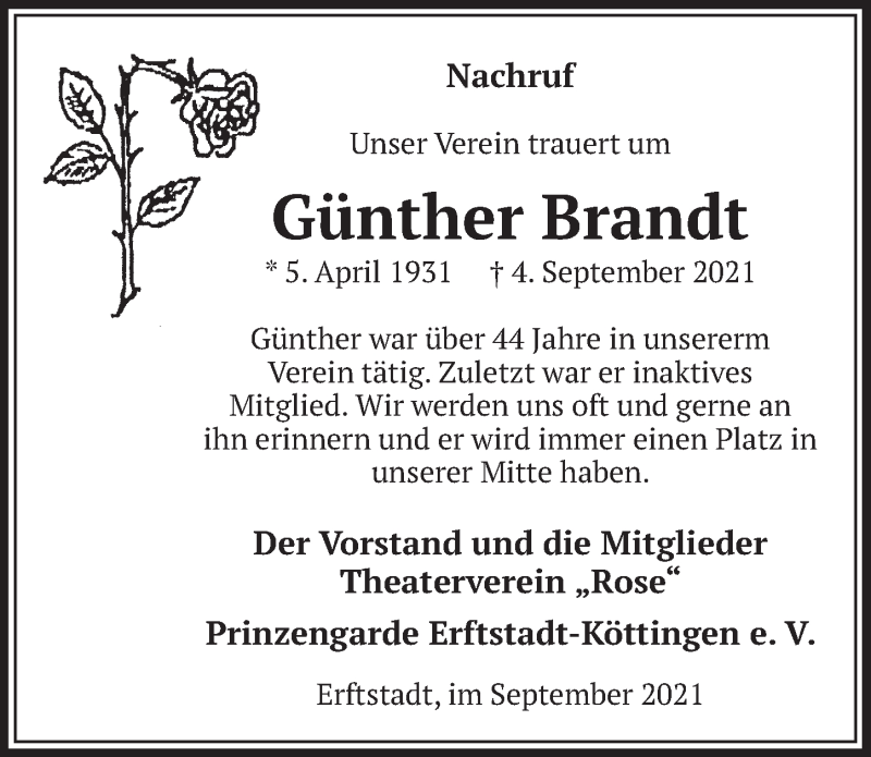  Traueranzeige für Günther Brandt vom 24.09.2021 aus  Werbepost 