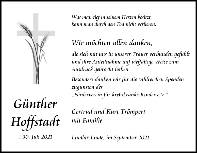  Traueranzeige für Günther Hoffstadt vom 04.09.2021 aus Kölner Stadt-Anzeiger / Kölnische Rundschau / Express