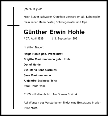 Anzeige von Günther Erwin Hohle von Kölner Stadt-Anzeiger / Kölnische Rundschau / Express