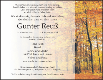 Anzeige von Gunter Reuß von Kölner Stadt-Anzeiger / Kölnische Rundschau / Express
