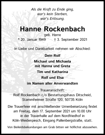 Anzeige von Hanne Rockenbach von Kölner Stadt-Anzeiger / Kölnische Rundschau / Express