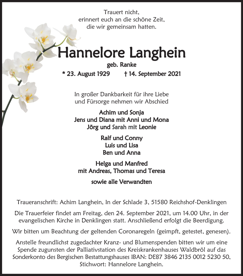 Traueranzeige für Hannelore Langhein vom 22.09.2021 aus Kölner Stadt-Anzeiger / Kölnische Rundschau / Express
