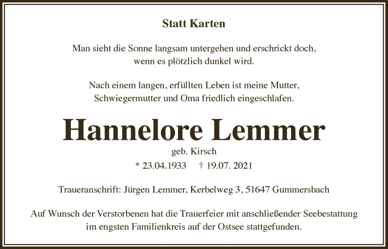  Traueranzeige für Hannelore Lemmer vom 10.09.2021 aus  Anzeigen Echo 