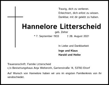 Anzeige von Hannelore Litterscheid von Kölner Stadt-Anzeiger / Kölnische Rundschau / Express