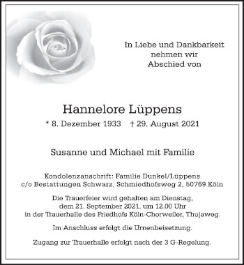 Anzeige von Hannelore Lüppens von  Kölner Wochenspiegel 
