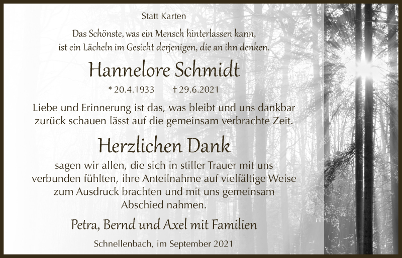  Traueranzeige für Hannelore Schmidt vom 03.09.2021 aus  Anzeigen Echo 