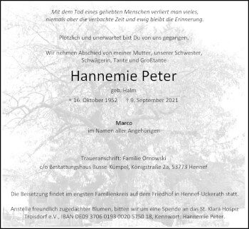 Anzeige von Hannemie Peter von Kölner Stadt-Anzeiger / Kölnische Rundschau / Express