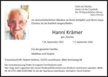 Anzeige von Hanni Krämer von Kölner Stadt-Anzeiger / Kölnische Rundschau / Express