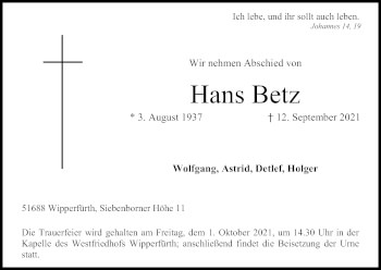Anzeige von Hans Betz von Kölner Stadt-Anzeiger / Kölnische Rundschau / Express