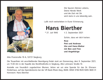 Anzeige von Hans Bierther von Kölner Stadt-Anzeiger / Kölnische Rundschau / Express