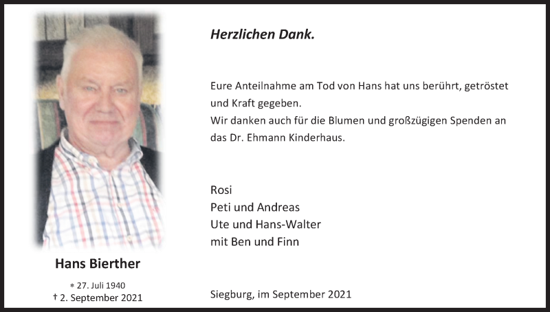  Traueranzeige für Hans Bierther vom 23.09.2021 aus Kölner Stadt-Anzeiger / Kölnische Rundschau / Express