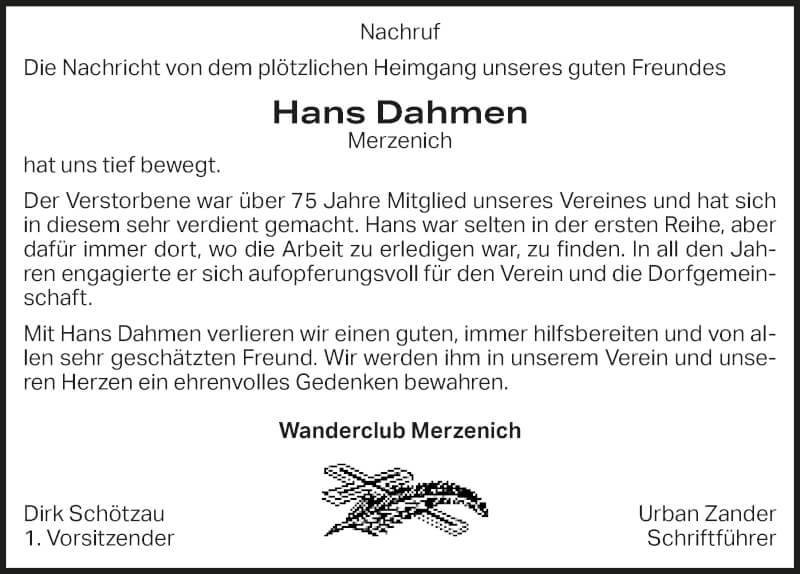  Traueranzeige für Hans Dahmen vom 25.09.2021 aus  Blickpunkt Euskirchen 