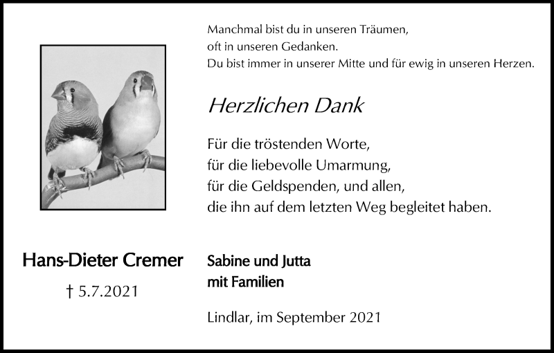  Traueranzeige für Hans-Dieter Cremer vom 04.09.2021 aus Kölner Stadt-Anzeiger / Kölnische Rundschau / Express