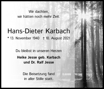 Anzeige von Hans-Dieter Karbach von Kölner Stadt-Anzeiger / Kölnische Rundschau / Express