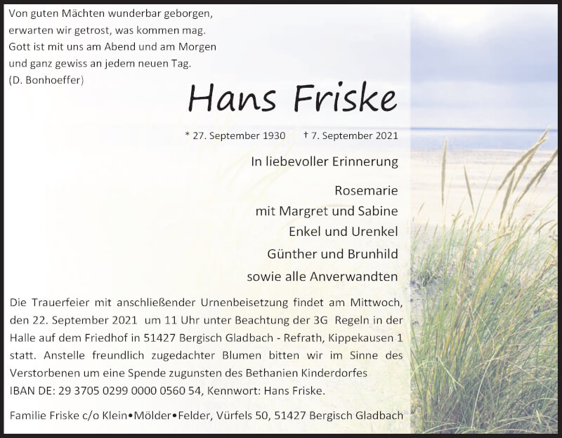  Traueranzeige für Hans Friske vom 18.09.2021 aus Kölner Stadt-Anzeiger / Kölnische Rundschau / Express