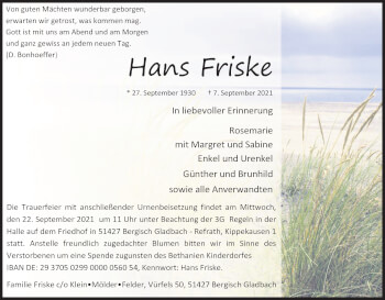 Anzeige von Hans Friske von Kölner Stadt-Anzeiger / Kölnische Rundschau / Express