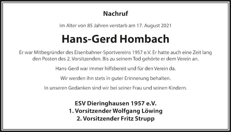  Traueranzeige für Hans-Gerd Hombach vom 17.09.2021 aus  Anzeigen Echo 