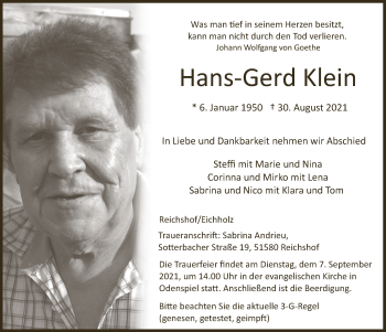 Anzeige von Hans-Gerd Klein von  Anzeigen Echo  Lokalanzeiger 