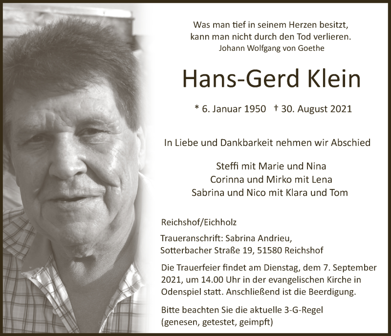  Traueranzeige für Hans-Gerd Klein vom 03.09.2021 aus  Anzeigen Echo  Lokalanzeiger 