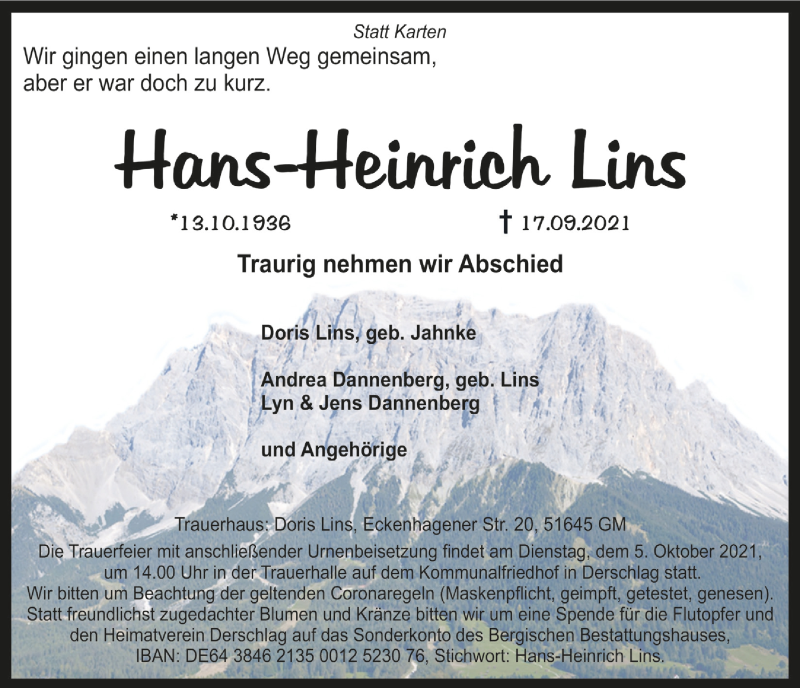  Traueranzeige für Hans-Heinrich Lins vom 24.09.2021 aus  Anzeigen Echo 