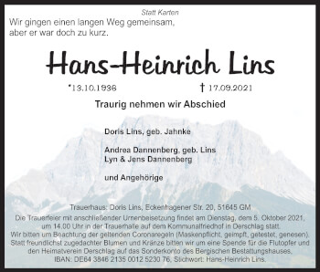 Anzeige von Hans-Heinrich Lins von Kölner Stadt-Anzeiger / Kölnische Rundschau / Express