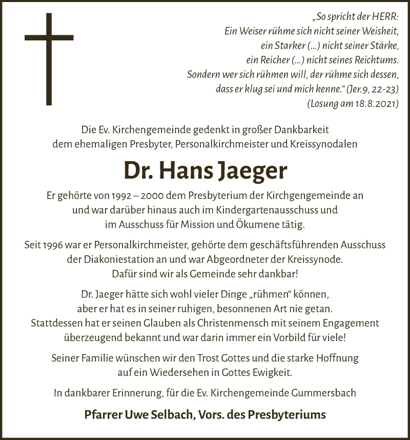  Traueranzeige für Hans Jaeger vom 03.09.2021 aus  Anzeigen Echo 