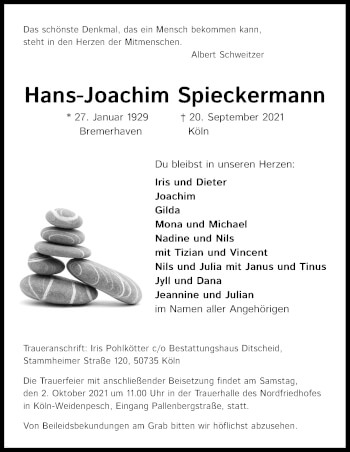 Anzeige von Hans-Joachim Spieckermann von Kölner Stadt-Anzeiger / Kölnische Rundschau / Express