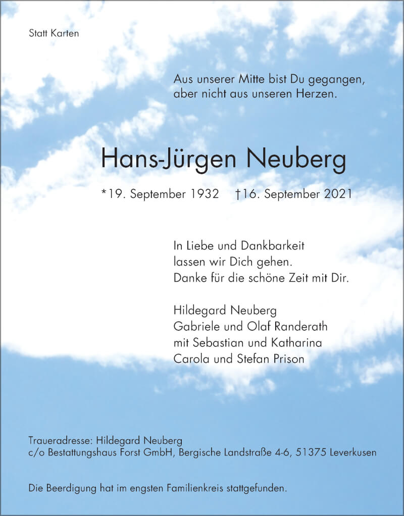  Traueranzeige für Hans-Jürgen Neuberg vom 25.09.2021 aus Kölner Stadt-Anzeiger / Kölnische Rundschau / Express